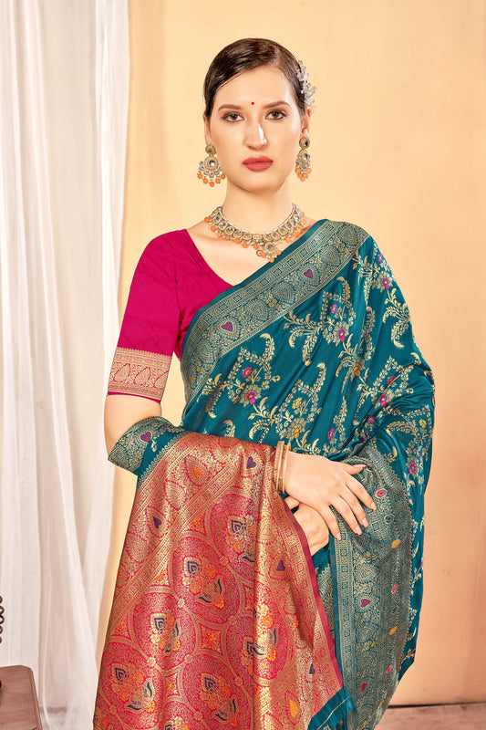 Zamuna Women Dark Blue Silk Floral Woven Saree – Elegance Draped in Deep Blue