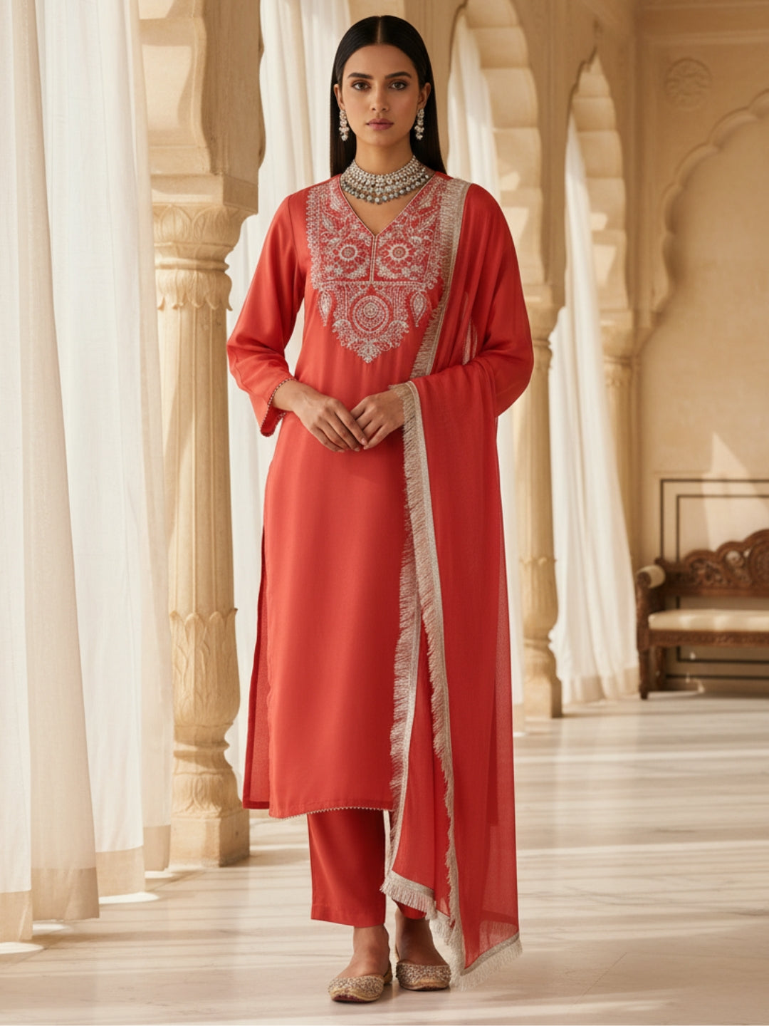 Red Straight Solid Kurta Pant With Dupatta Sets