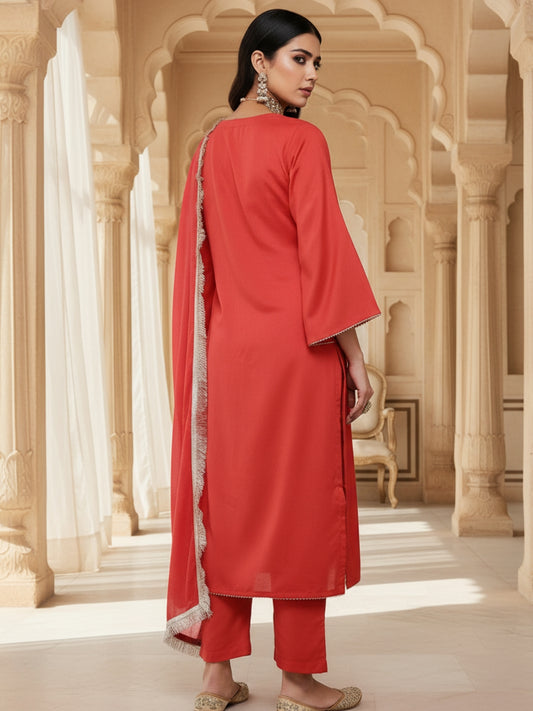 Red Straight Solid Kurta Pant With Dupatta Sets