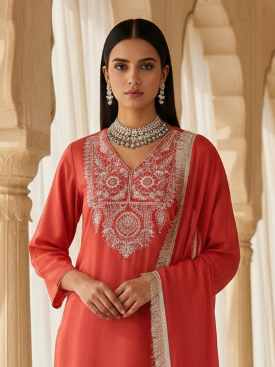 Red Straight Solid Kurta Pant With Dupatta Sets