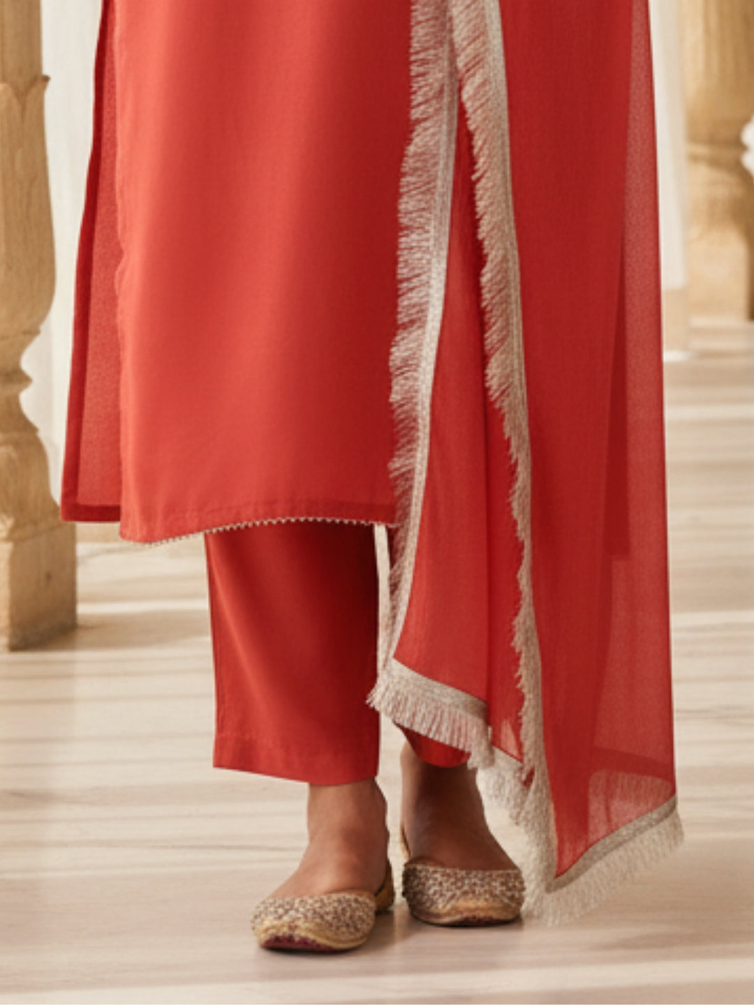 Red Straight Solid Kurta Pant With Dupatta Sets