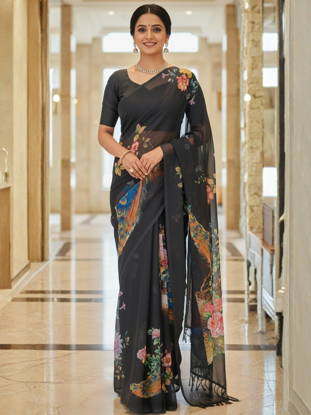 Black Georgette Saree For Women | Digital Print Daily Wear Saree
