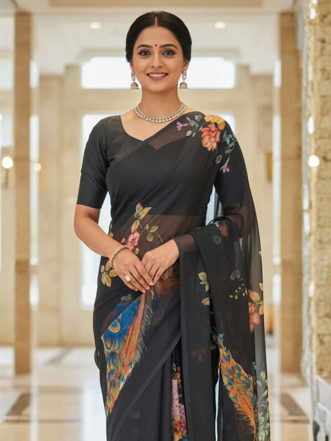 Black Georgette Saree For Women | Digital Print Daily Wear Saree