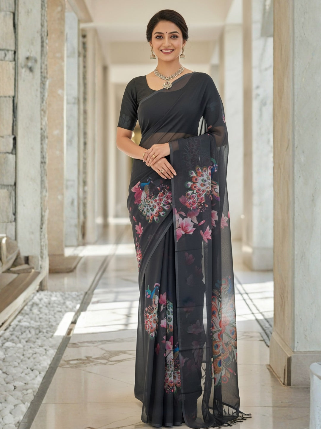 Black Georgette Saree For Women | Digital Print Daily Wear Saree