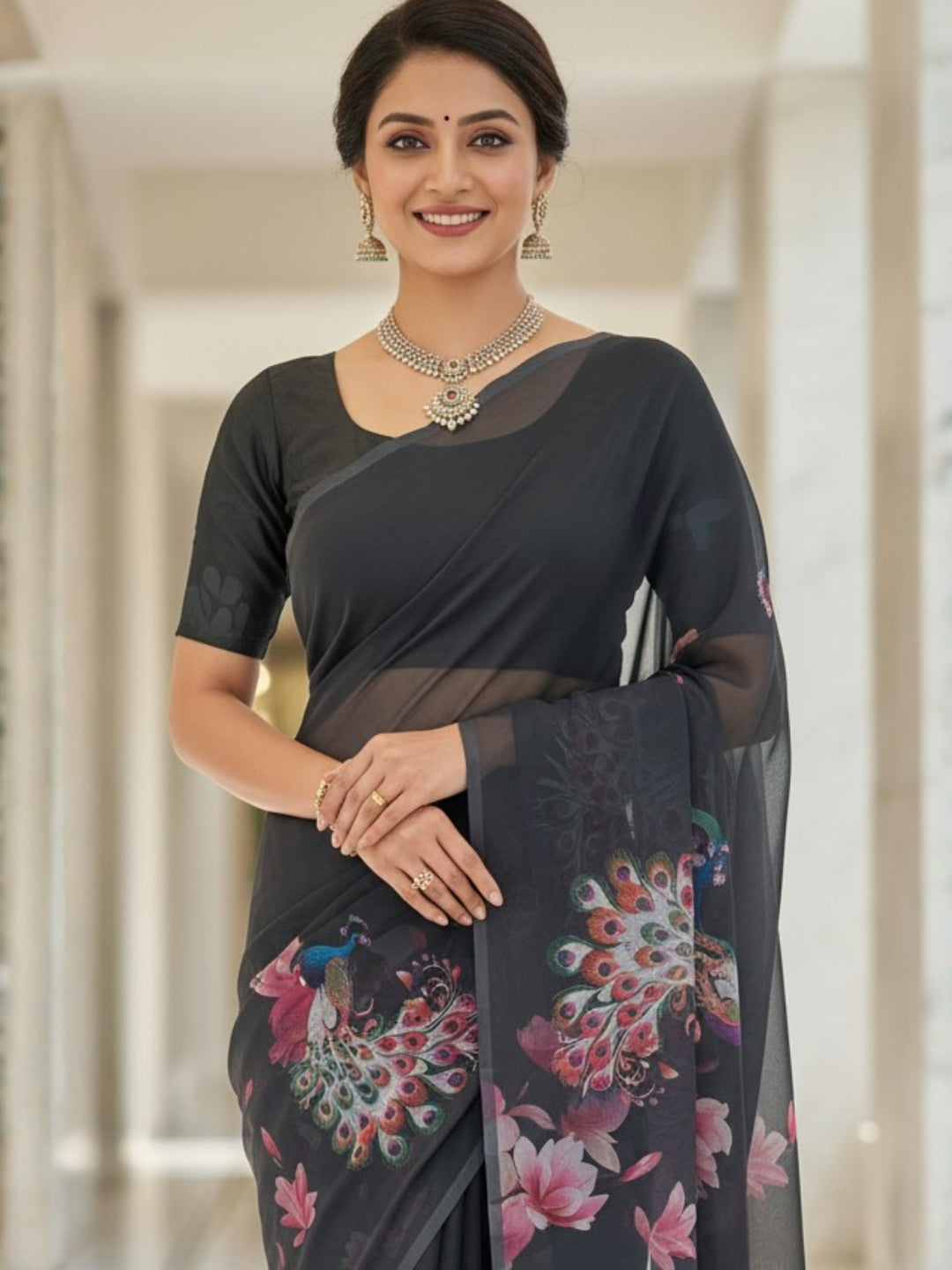 Black Georgette Saree For Women | Digital Print Daily Wear Saree