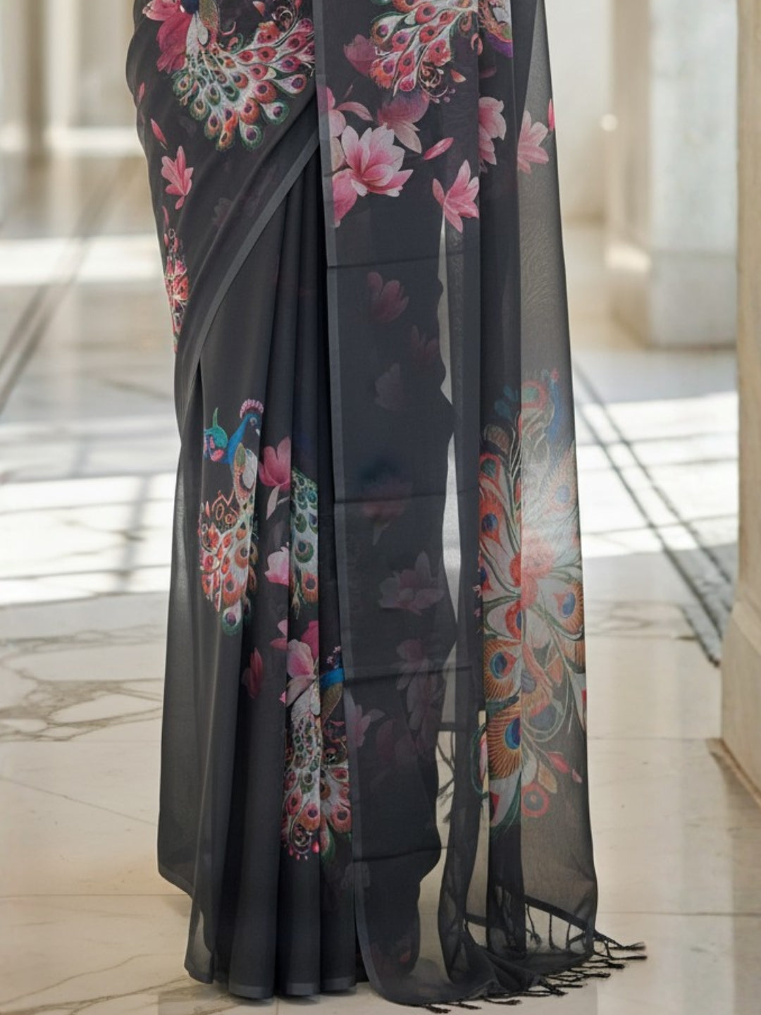 Black Georgette Saree For Women | Digital Print Daily Wear Saree