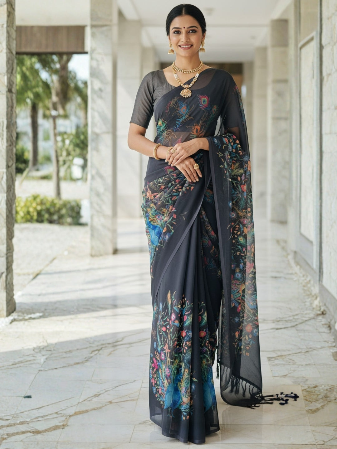 Black Georgette Saree For Women | Digital Print Daily Wear Saree