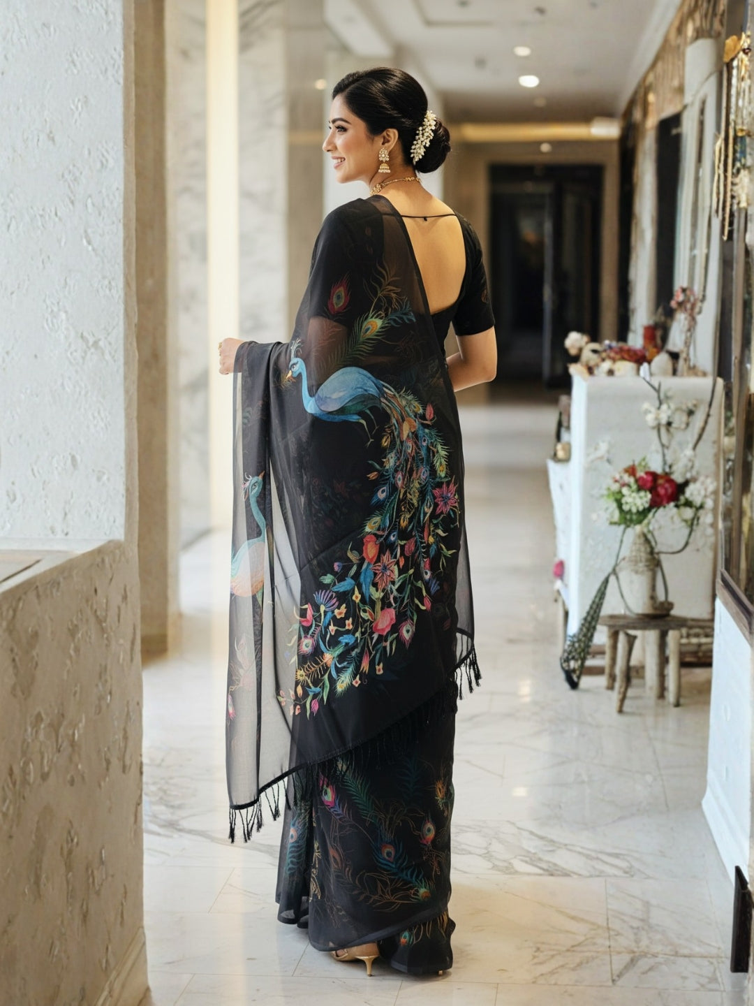 Black Georgette Saree For Women | Digital Print Daily Wear Saree