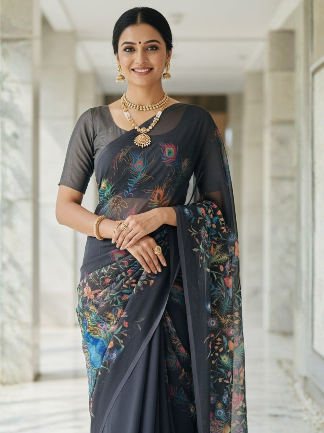 Black Georgette Saree For Women | Digital Print Daily Wear Saree