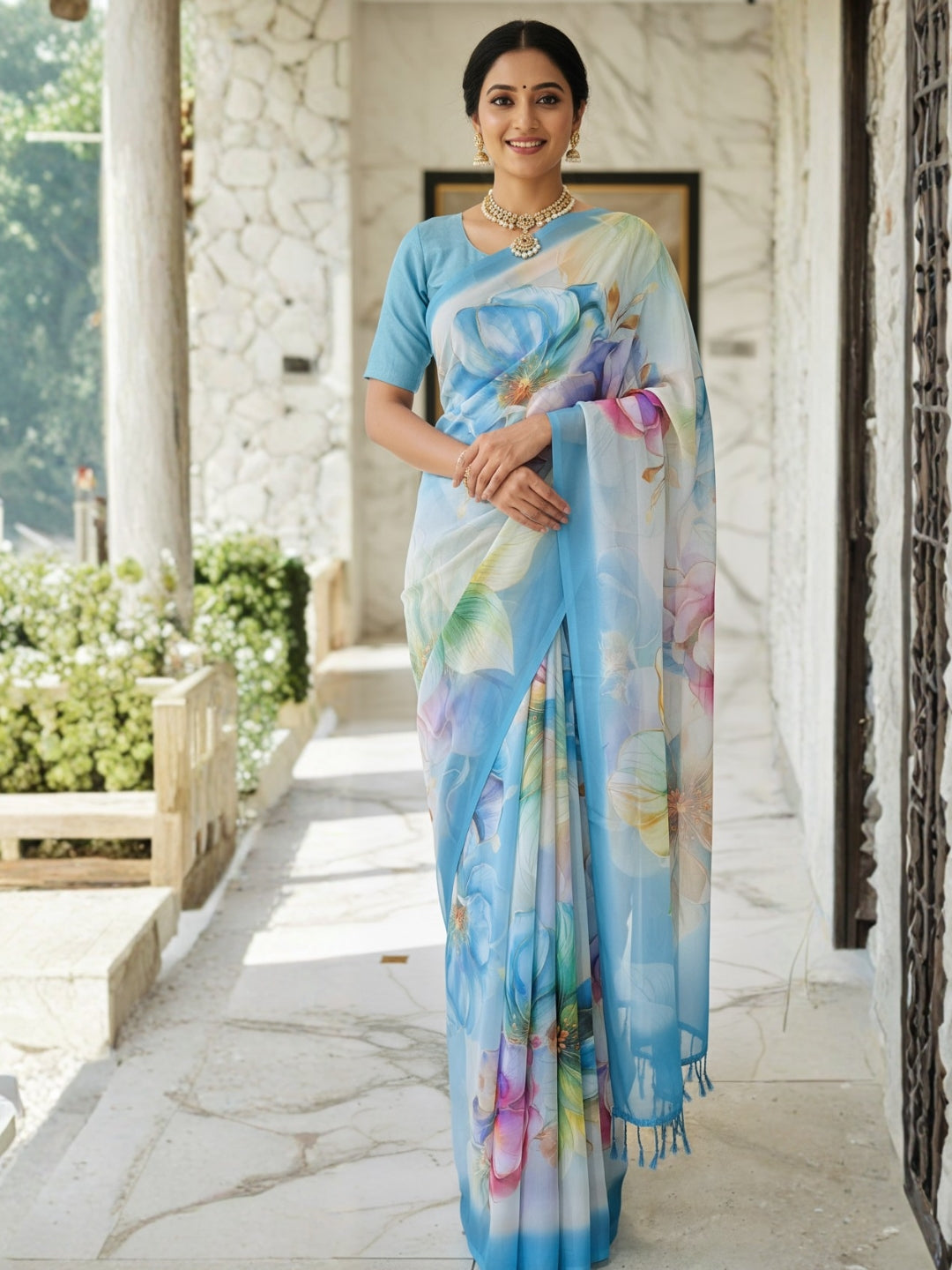 Blue Georgette Saree For Women | Digital Print Daily Wear Saree