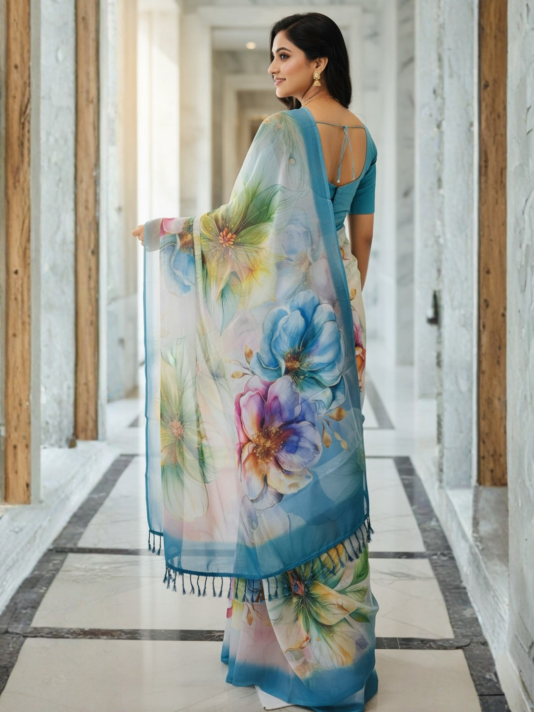 Blue Georgette Saree For Women | Digital Print Daily Wear Saree