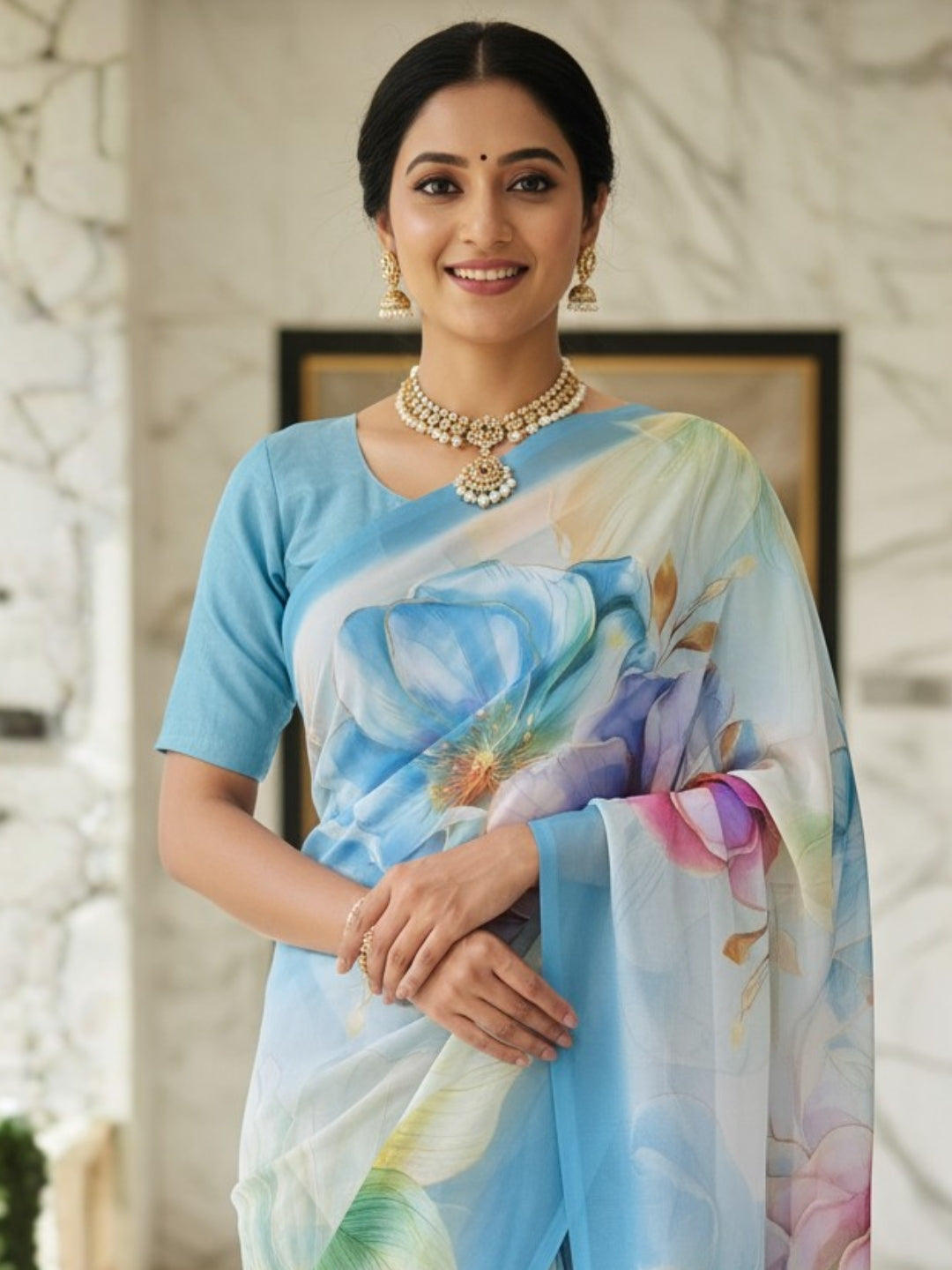 Blue Georgette Saree For Women | Digital Print Daily Wear Saree