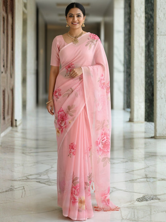 Cream Georgette Saree For Women | Digital Print Daily Wear Saree