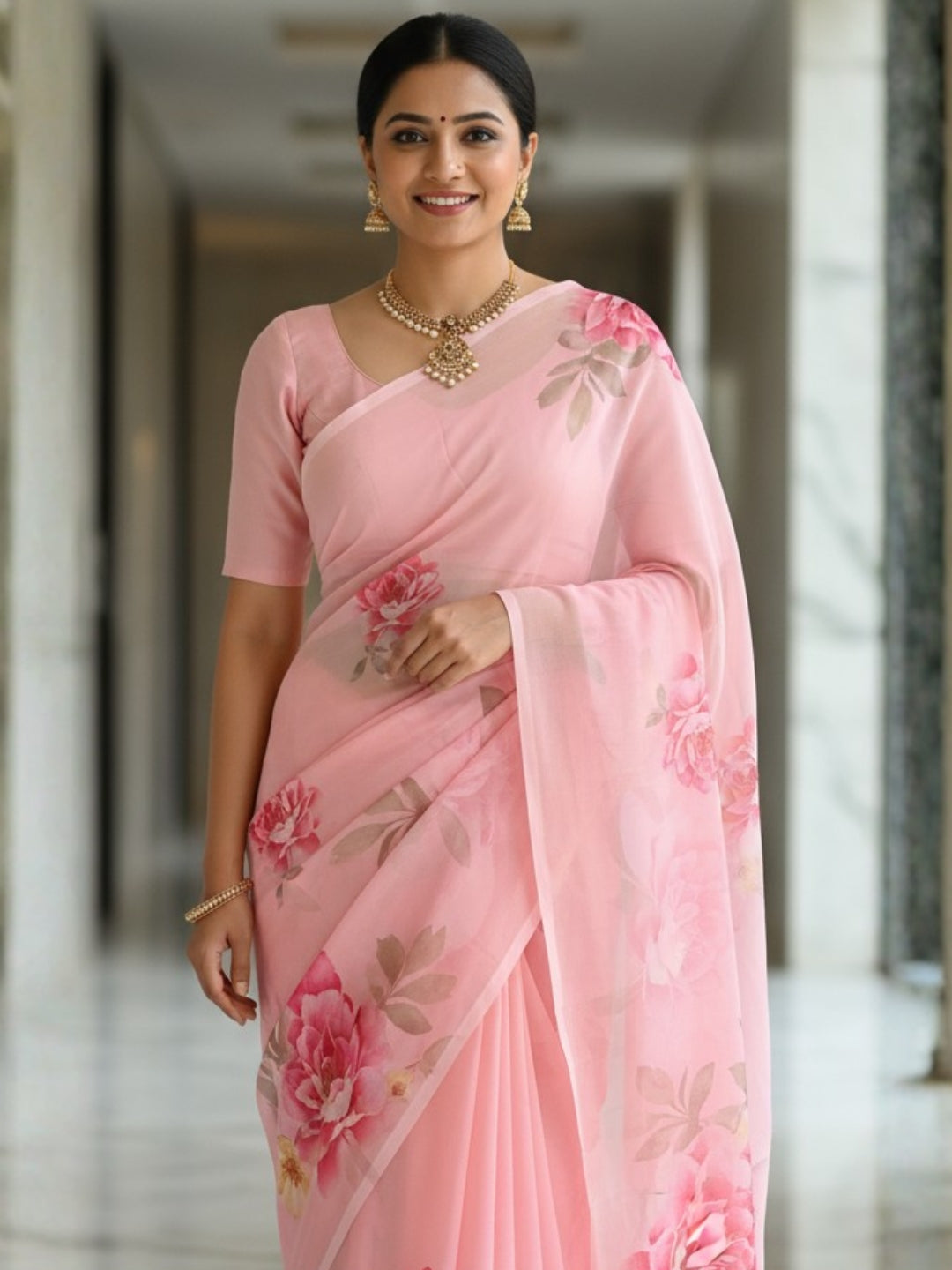 Cream Georgette Saree For Women | Digital Print Daily Wear Saree