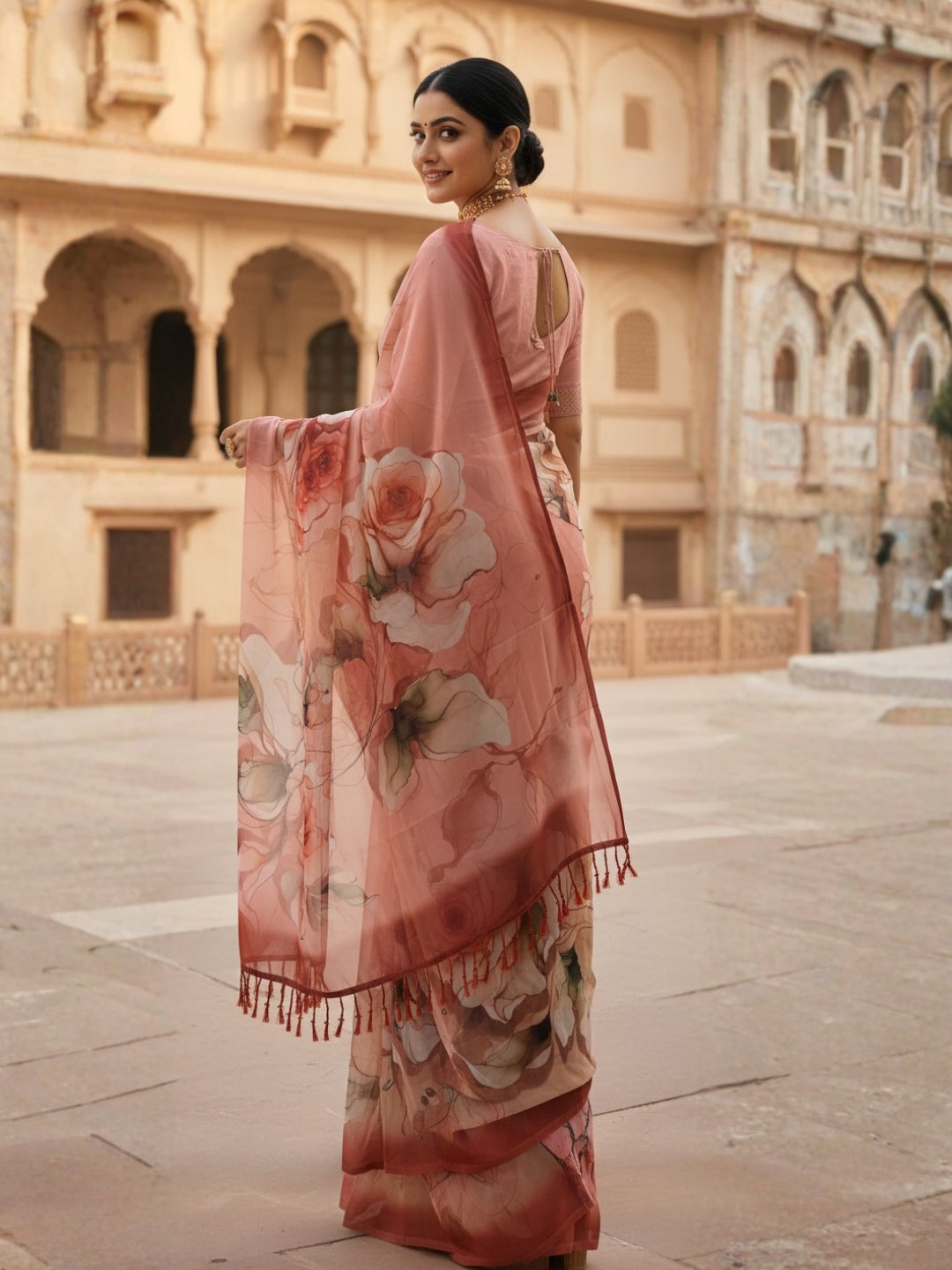 Brown Georgette Saree For Women | Digital Print Daily Wear Saree