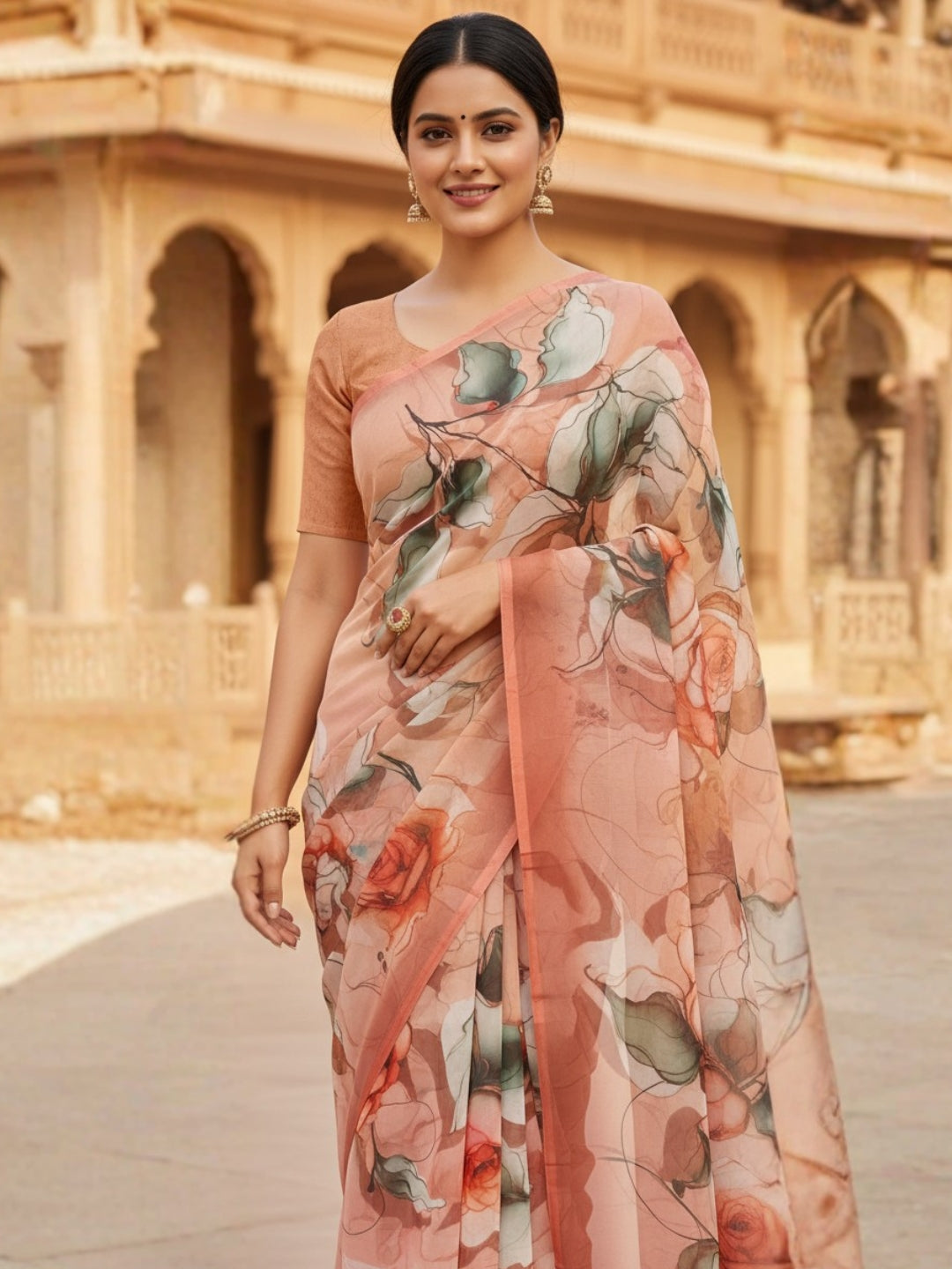 Brown Georgette Saree For Women | Digital Print Daily Wear Saree