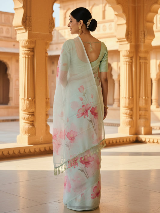 Green Georgette Saree For Women | Digital Print Daily Wear Saree