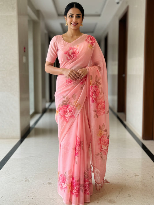 Pink Georgette Saree For Women | Digital Print Daily Wear Saree