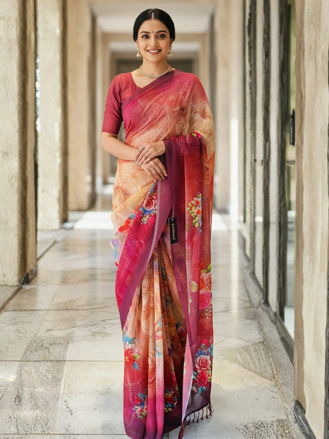 Orange Georgette Saree For Women | Digital Print Daily Wear Saree
