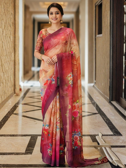 Orange Georgette Saree For Women | Digital Print Daily Wear Saree