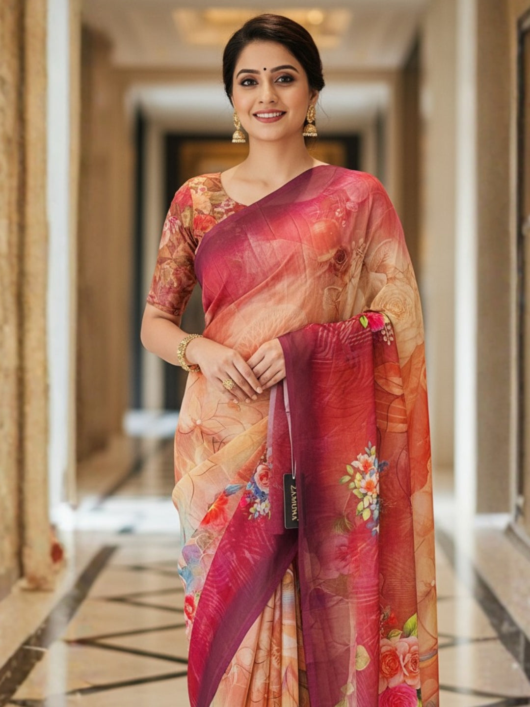 Orange Georgette Saree For Women | Digital Print Daily Wear Saree