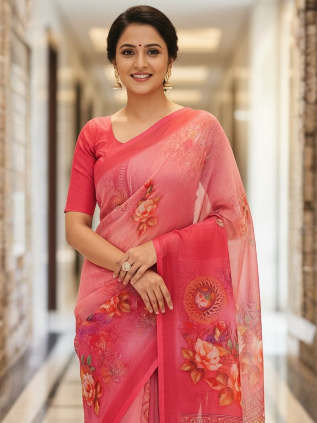 Orange Georgette Saree For Women | Digital Print Daily Wear Saree