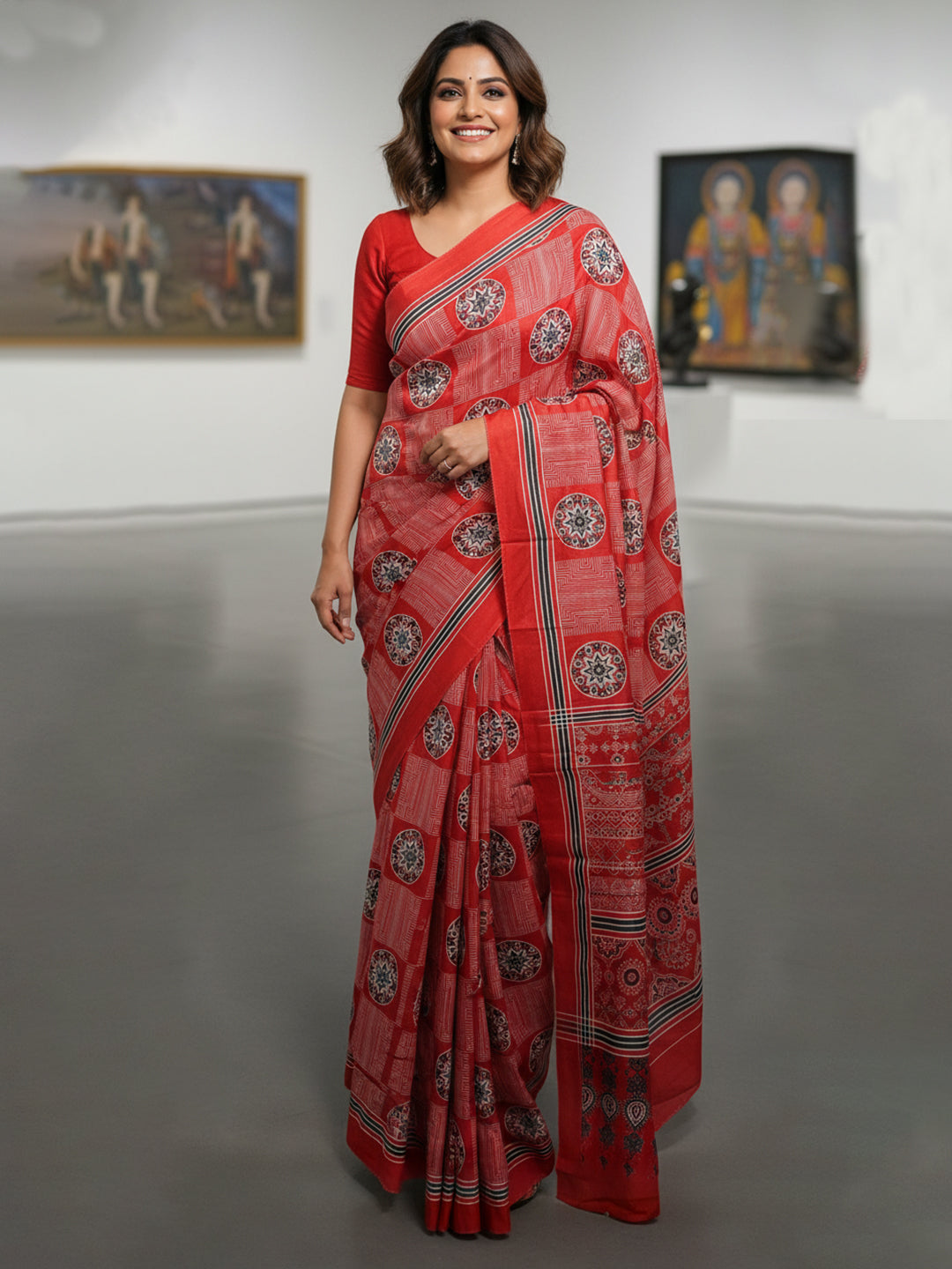 Zamuna Women Red Satin Crepe Geometric Digital Print Saree – Bold Elegance for Every Occasion