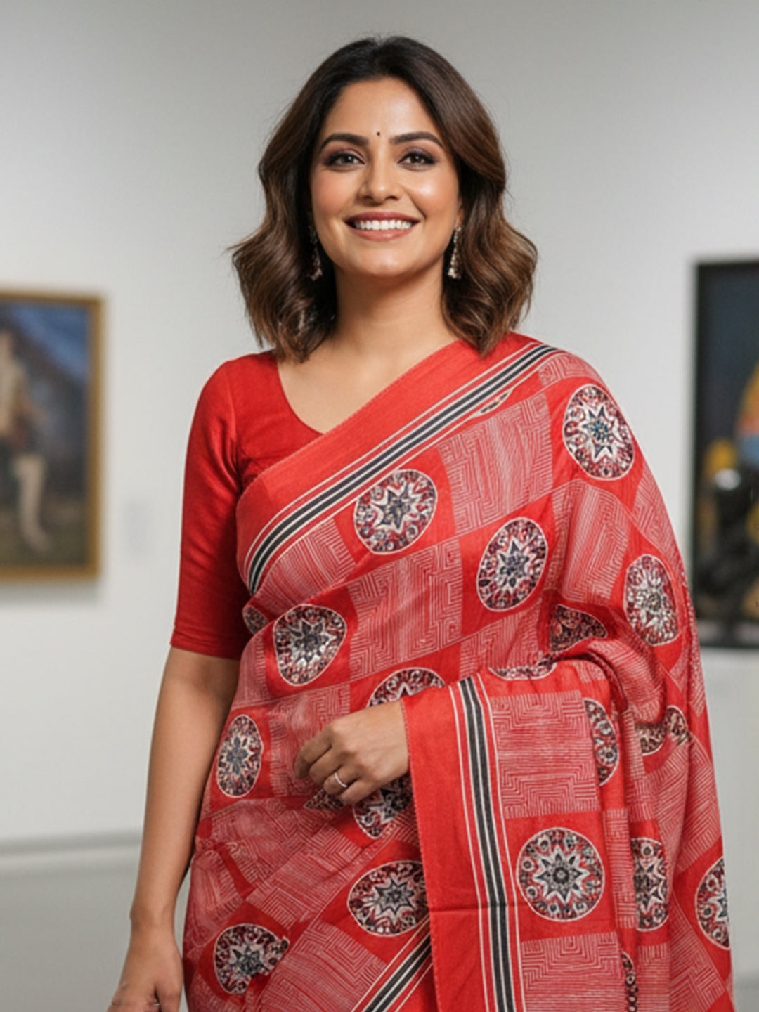 Zamuna Women Red Satin Crepe Geometric Digital Print Saree – Bold Elegance for Every Occasion