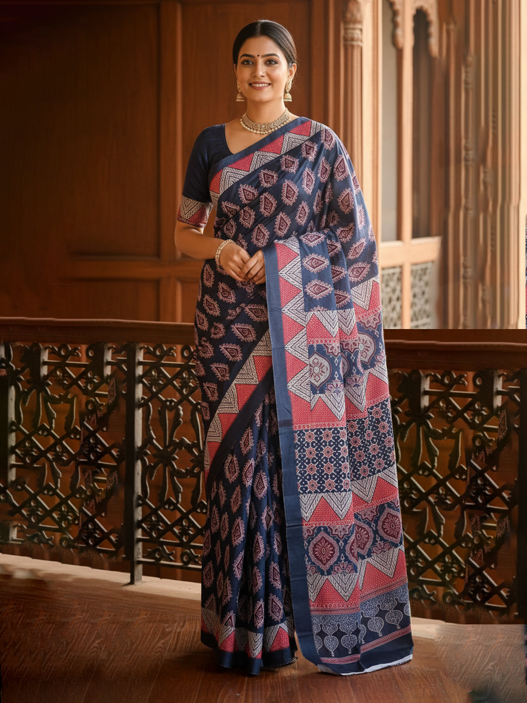 Zamuna Women Dark Blue Satin Crepe Geometric Digital Print Saree – Bold Elegance with Modern Flair