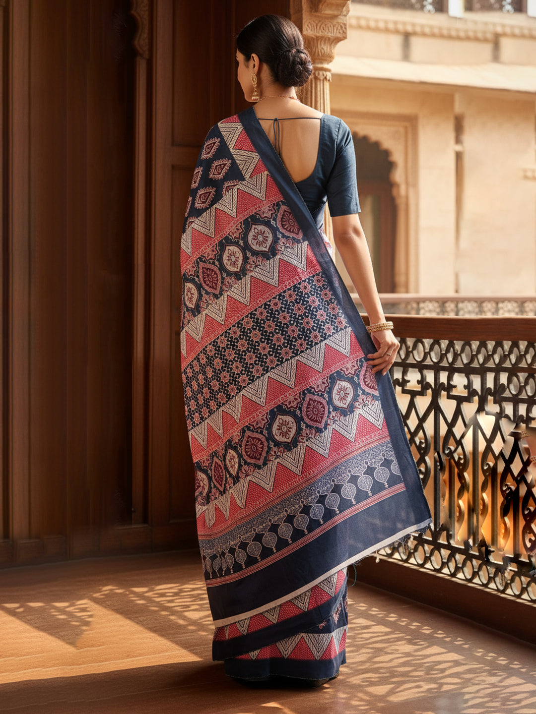 Zamuna Women Dark Blue Satin Crepe Geometric Digital Print Saree – Bold Elegance with Modern Flair