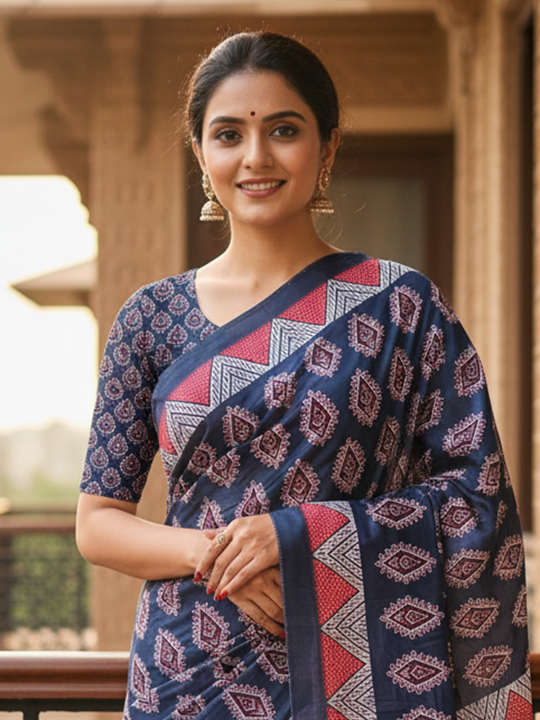 Zamuna Women Dark Blue Satin Crepe Geometric Digital Print Saree – Bold Elegance with Modern Flair
