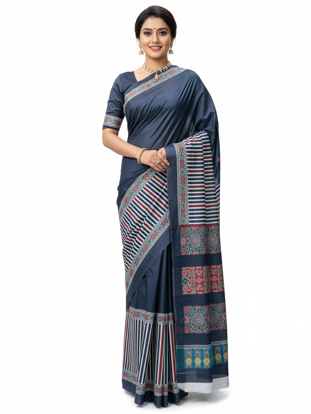 Zamuna Women Dark Blue Satin Crepe Geometric Digital Print Saree – Sophisticated Style with Modern Edge