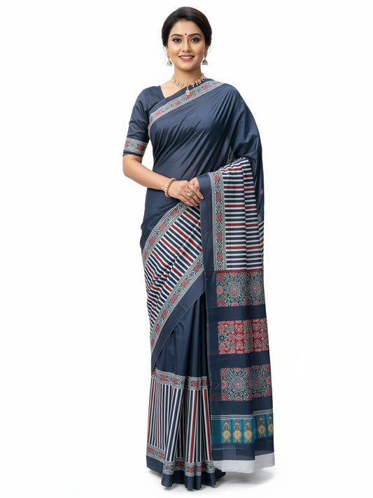 Zamuna Women Dark Blue Satin Crepe Geometric Digital Print Saree – Sophisticated Style with Modern Edge