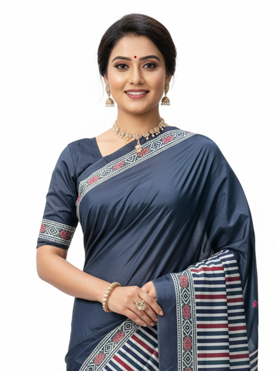 Zamuna Women Dark Blue Satin Crepe Geometric Digital Print Saree – Sophisticated Style with Modern Edge