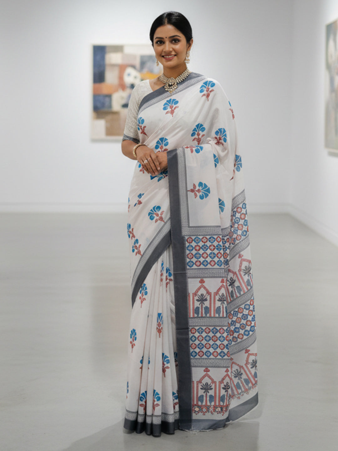 Zamuna Women White Satin Crepe Geometric Digital Print Saree – Timeless Elegance with Contemporary Charm