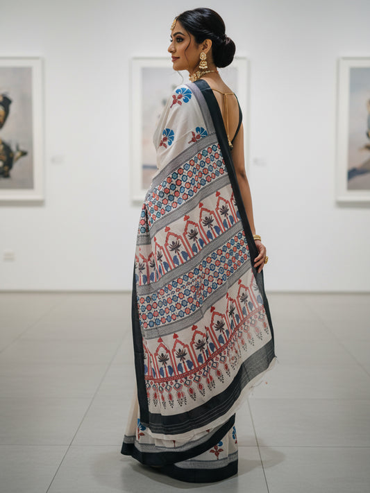 Zamuna Women White Satin Crepe Geometric Digital Print Saree – Timeless Elegance with Contemporary Charm
