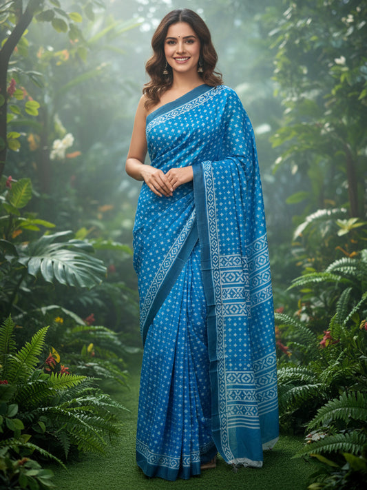 Zamuna Women Blue Satin Crepe Geometric Digital Print Saree – Modern Design Meets Timeless Elegance