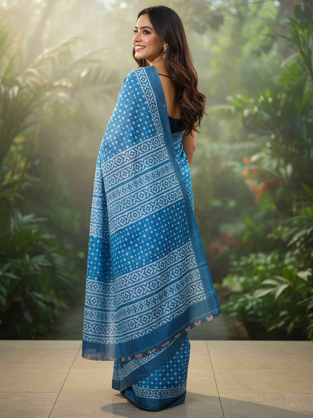Zamuna Women Blue Satin Crepe Geometric Digital Print Saree – Modern Design Meets Timeless Elegance
