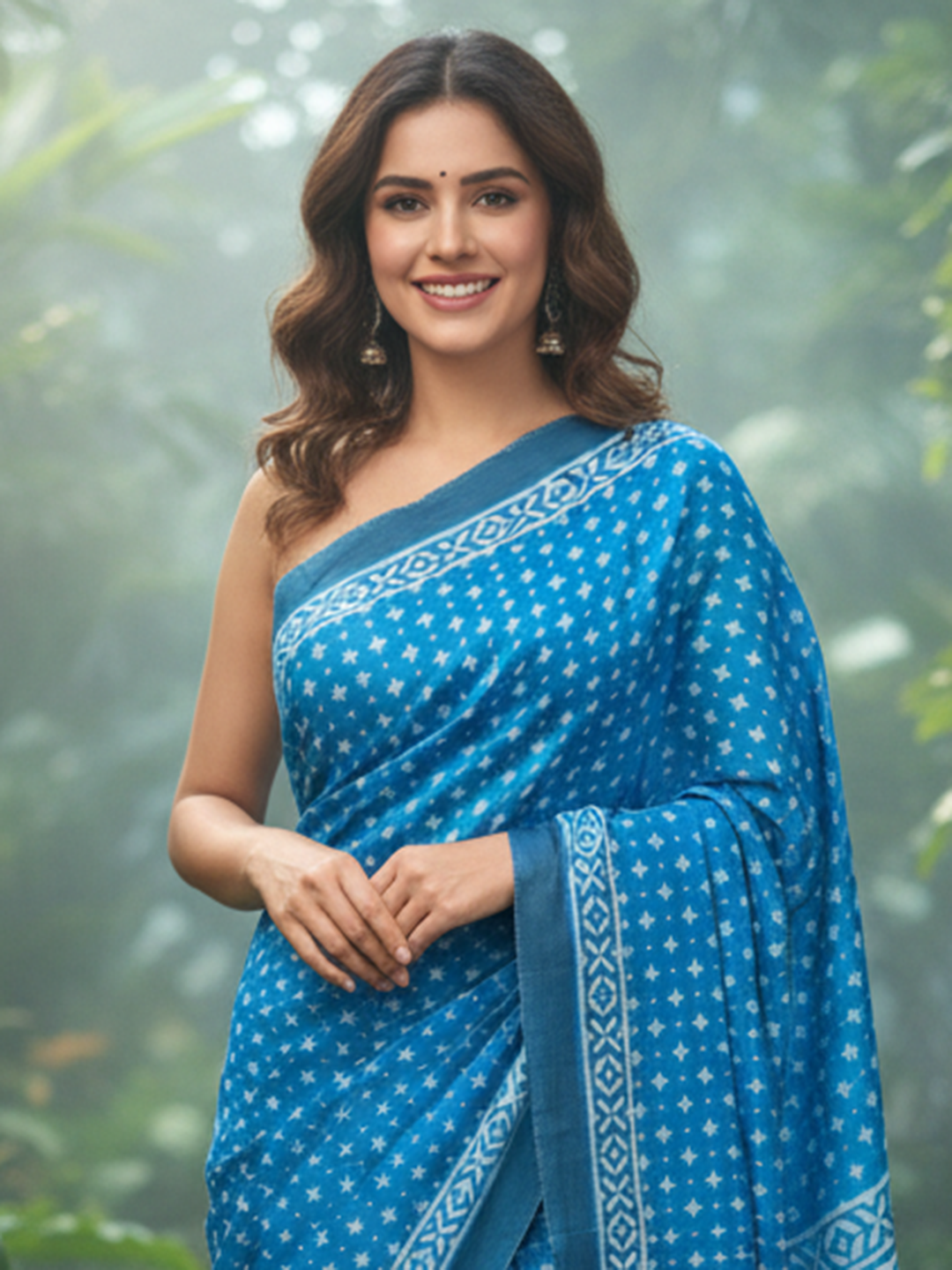 Zamuna Women Blue Satin Crepe Geometric Digital Print Saree – Modern Design Meets Timeless Elegance