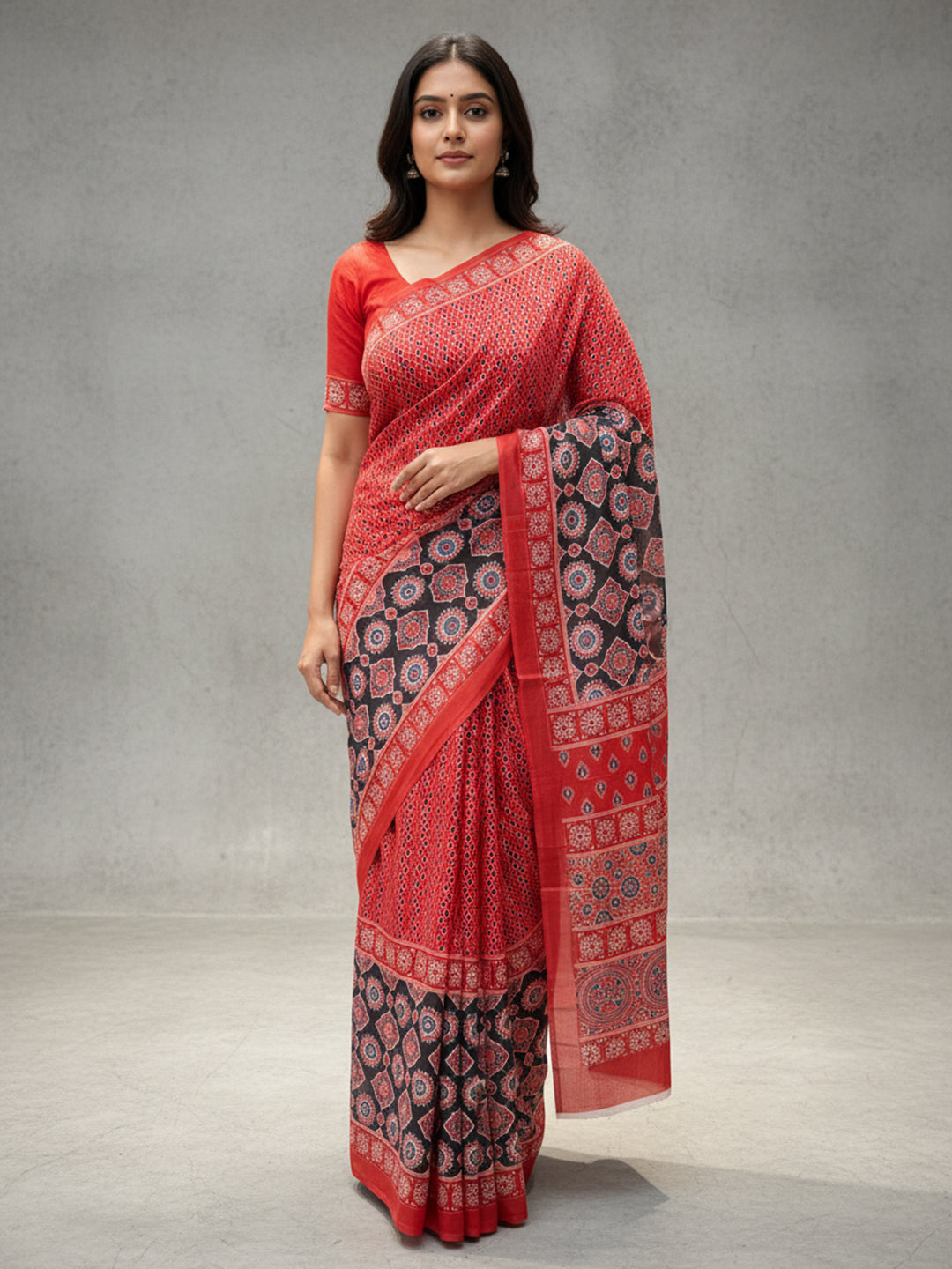 Zamuna Women Red Satin Crepe Geometric Digital Print Saree – Bold Elegance for Every Occasion