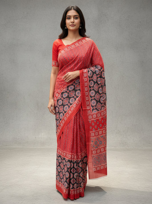 Zamuna Women Red Satin Crepe Geometric Digital Print Saree – Bold Elegance for Every Occasion