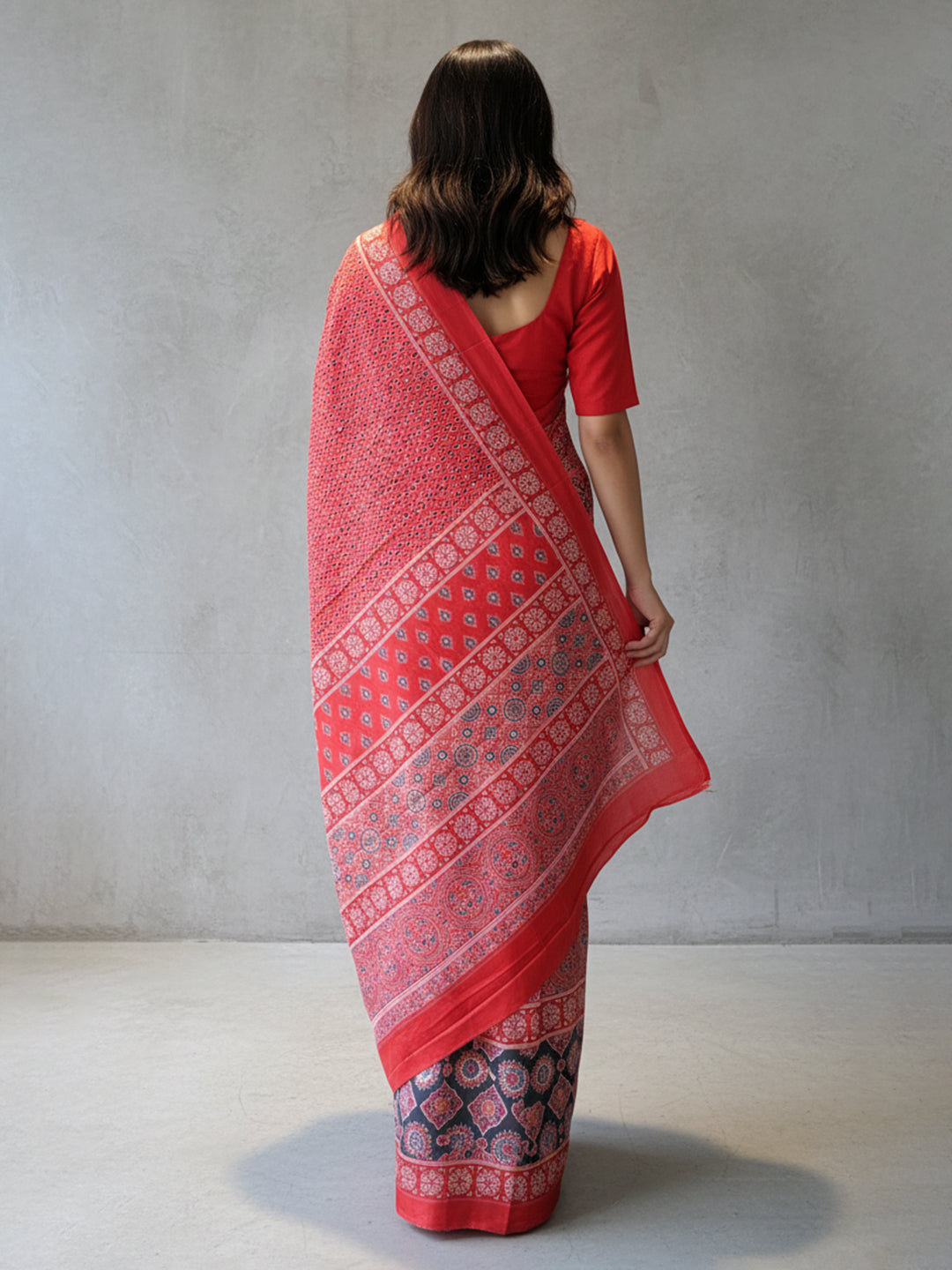 Zamuna Women Red Satin Crepe Geometric Digital Print Saree – Bold Elegance for Every Occasion
