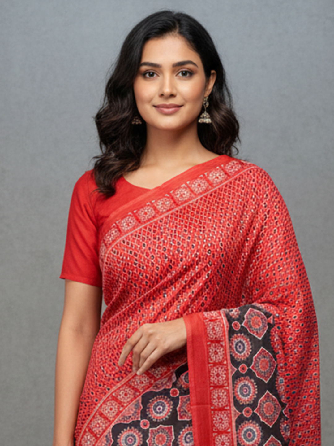 Zamuna Women Red Satin Crepe Geometric Digital Print Saree – Bold Elegance for Every Occasion