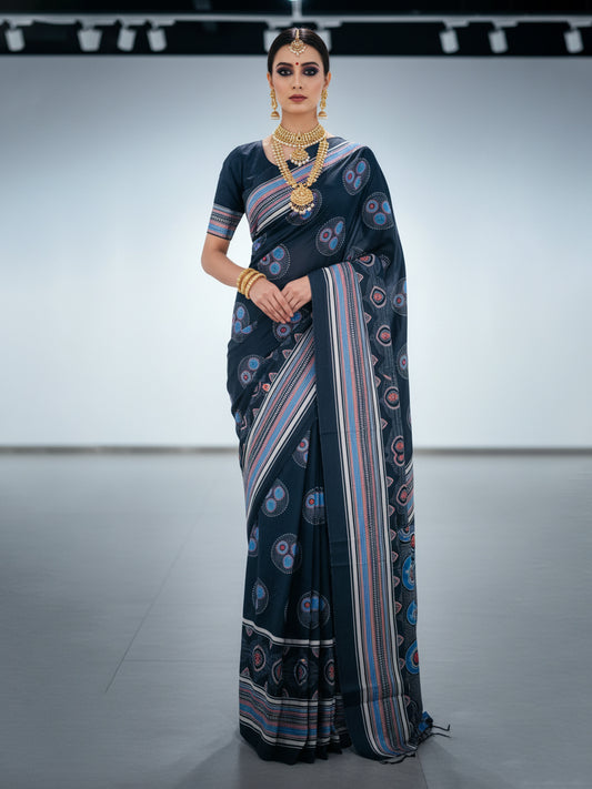 Zamuna Women Black Satin Crepe Geometric Digital Print Saree – Bold Elegance with Modern Flair