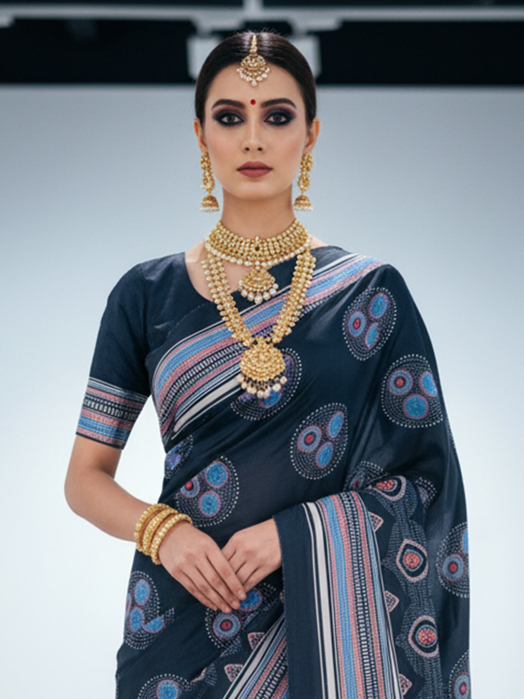 Zamuna Women Black Satin Crepe Geometric Digital Print Saree – Bold Elegance with Modern Flair