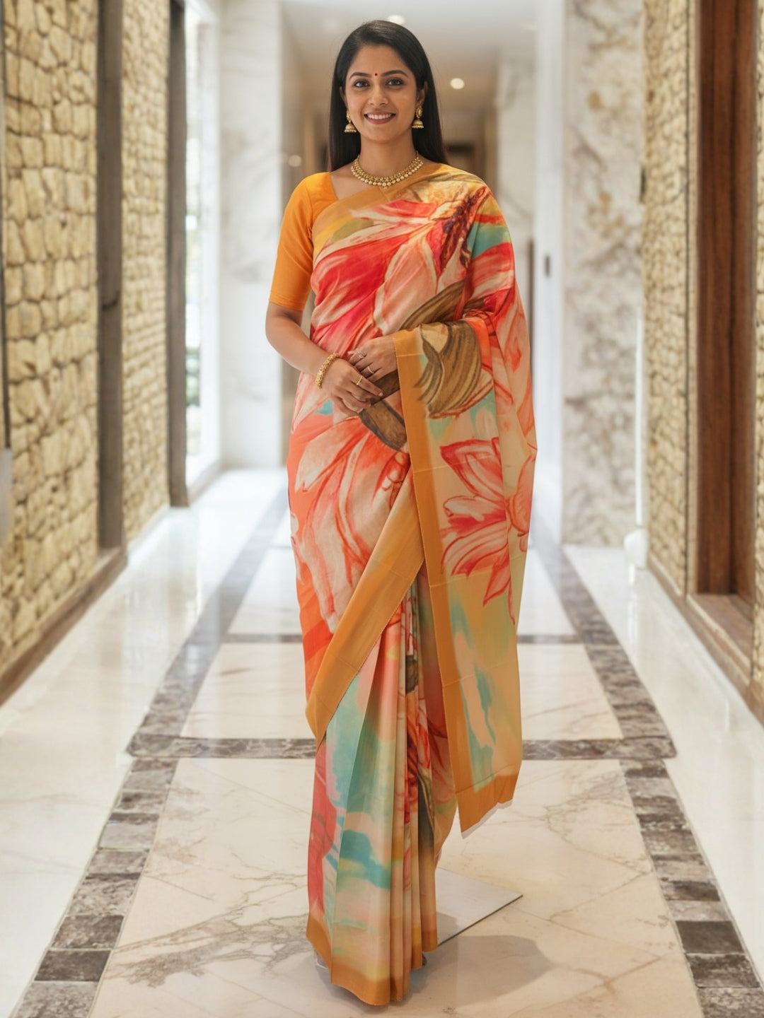 Zamuna Women Orange, Golden & Blue Satin Crepe Floral Digital Print Saree