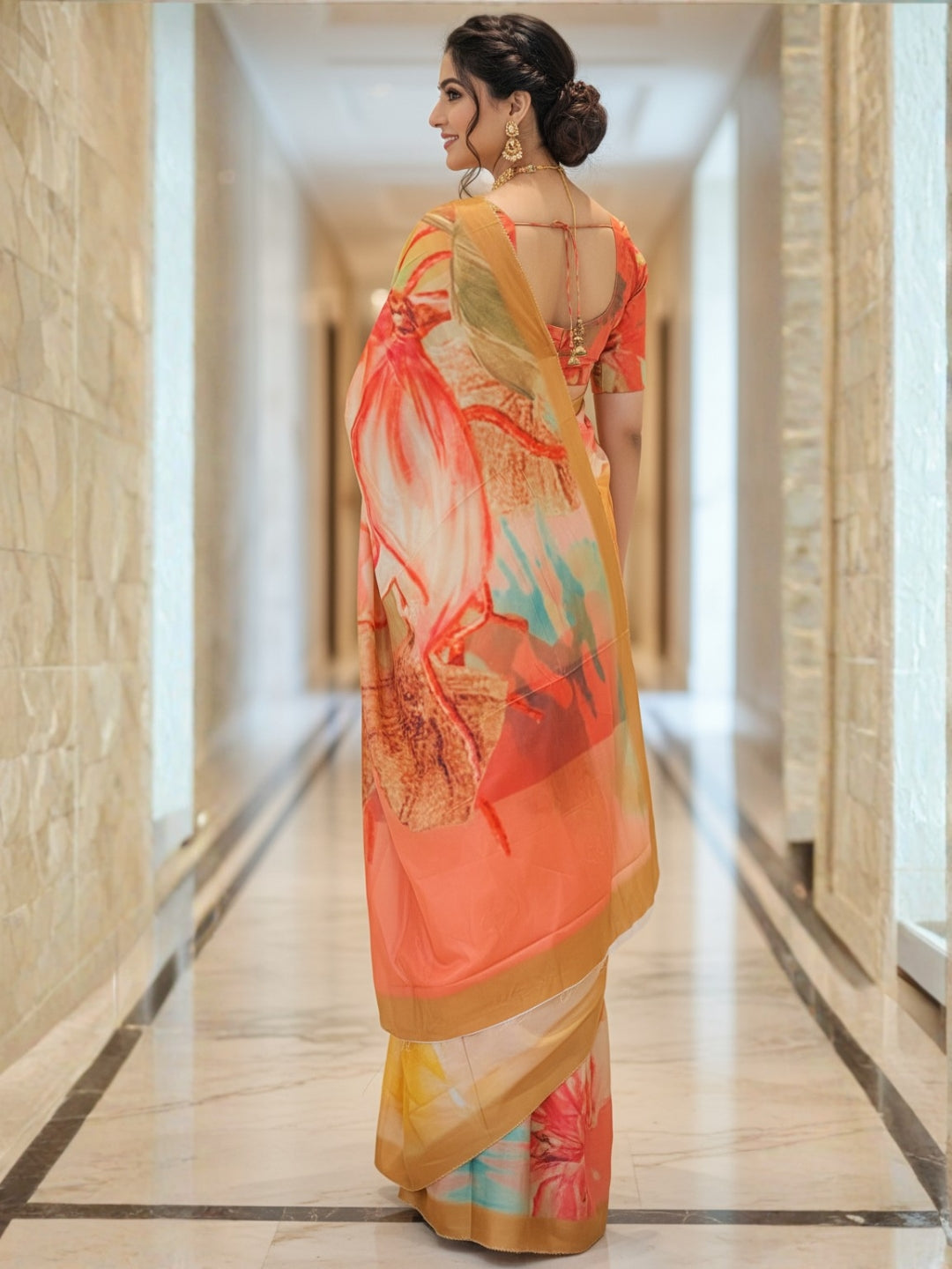 Zamuna Women Orange, Golden & Blue Satin Crepe Floral Digital Print Saree