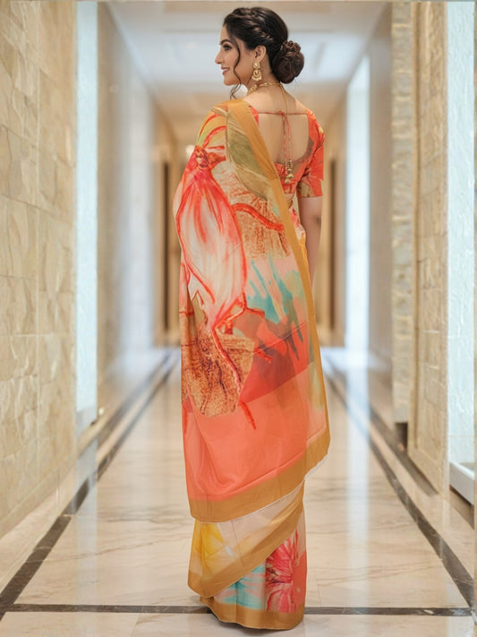 Zamuna Women Orange, Golden & Blue Satin Crepe Floral Digital Print Saree