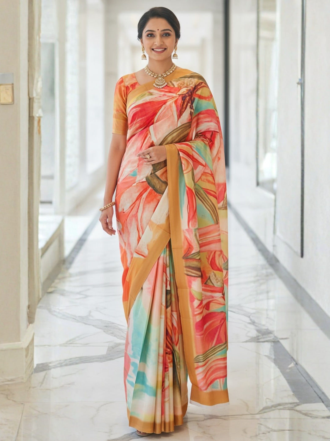 Zamuna Women Orange, Golden & Blue Satin Crepe Floral Digital Print Saree