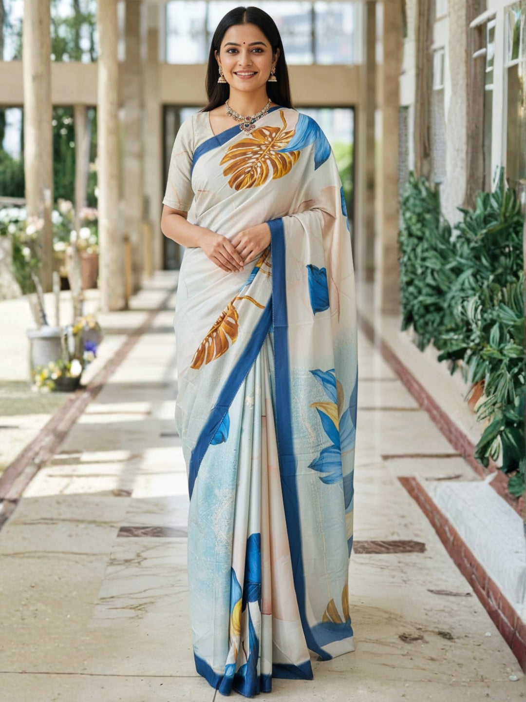 Zamuna Women White, Blue & Golden Satin Crepe Floral Digital Print Saree – The Essence of Royal Elegance